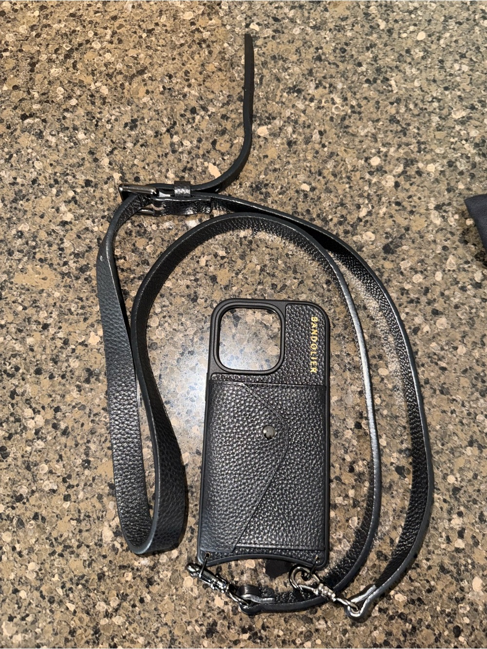 Bandolier Black Pebble Leather Crossbody Phone Case with Strap and Card Pocket